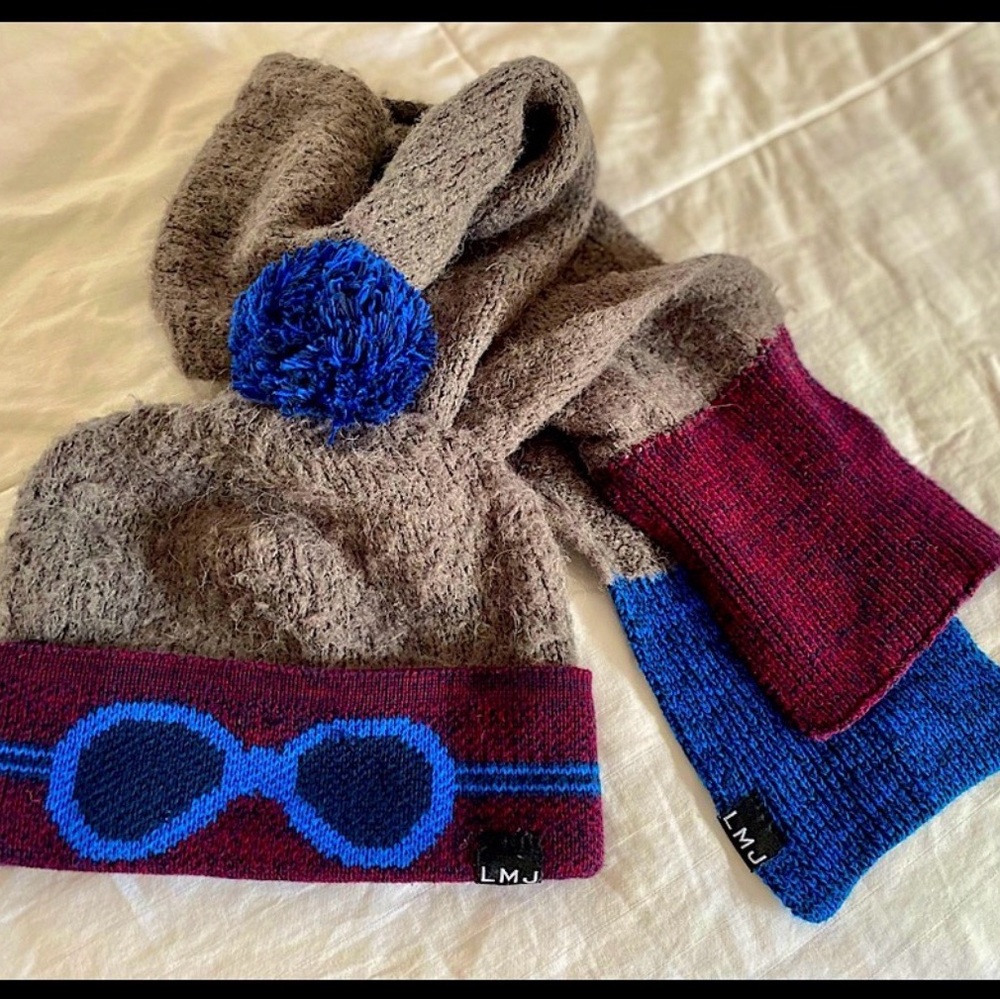Little Marc Jacobs Kids Hat and Scarf Set - Grey, Blue, and Burgundy